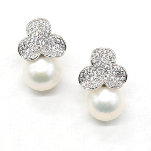 S925純銀淡水珍珠皓石滿鑲花型耳環